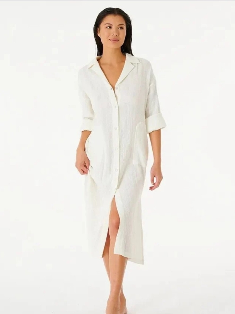 Rip Curl White Button-Front Beach Shirt Dress 100% Cotton